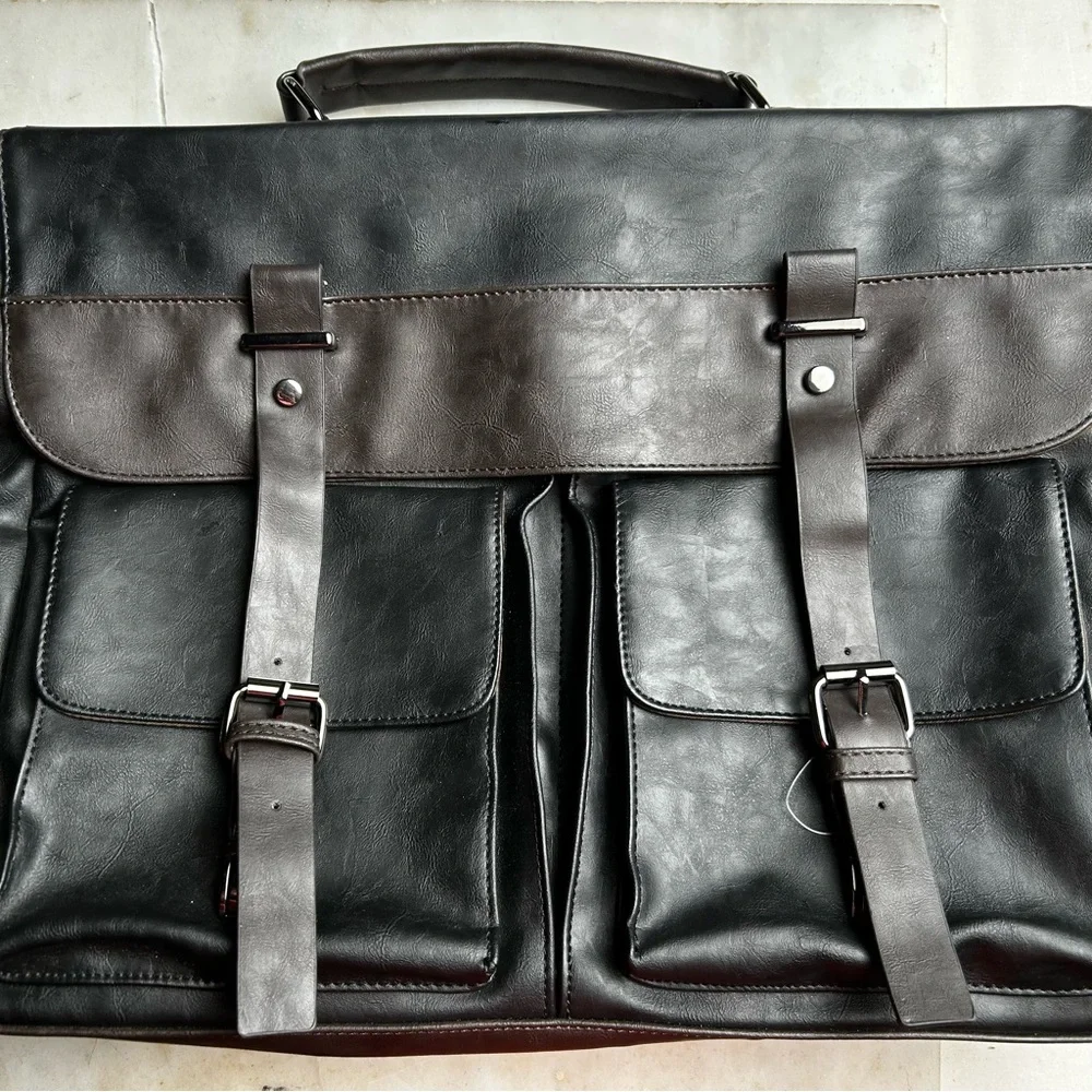 Professional Black and Dark Brown Leather Briefcase - Men's Business Bag
